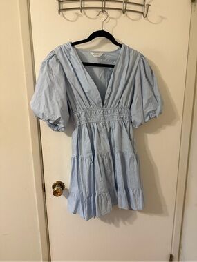 Light Blue Puff Sleeve V-Neck Tiered Dress